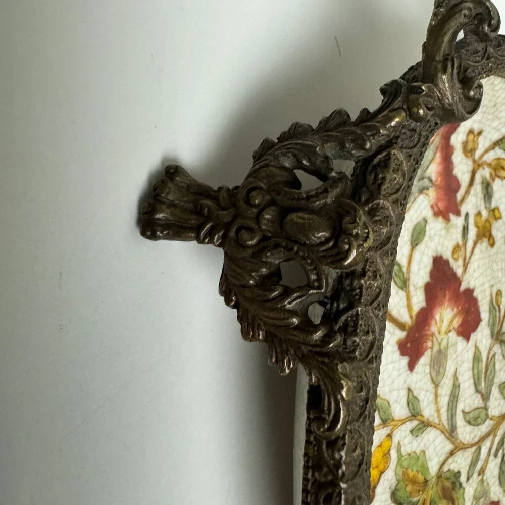 Vintage Chinese Brass and Porcelain Footed Floral Trinket Dish